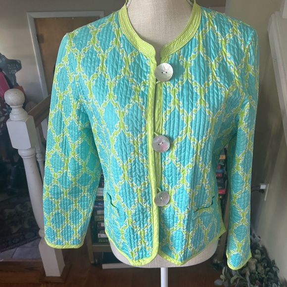 Patty Kim Size Medium Green & Blue Geometric Quilted Cotton Reversible Jacket - Picture 1 of 8